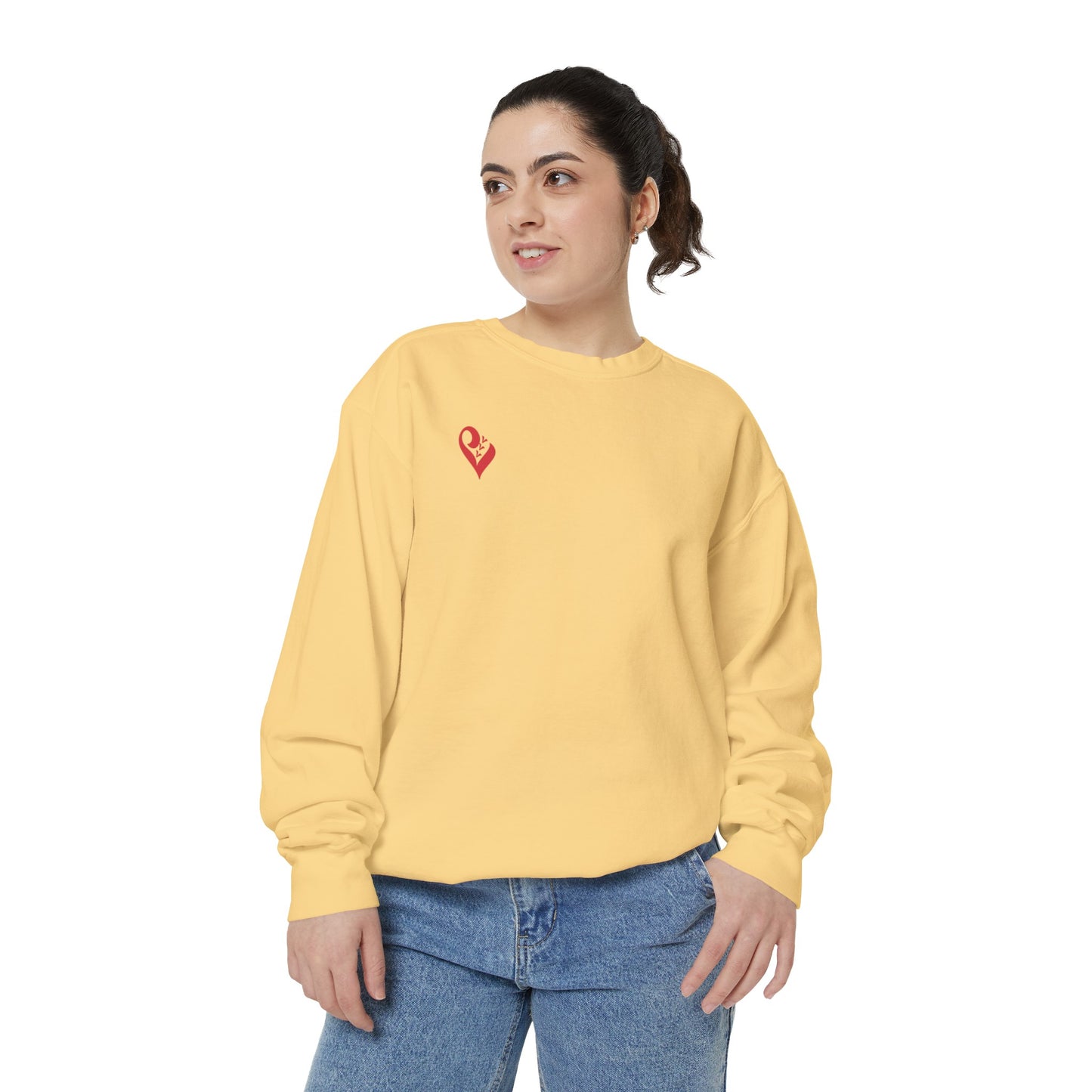 LOVE IS MUCH MORE logo: Pray 4 Love Unisex Garment-Dyed Sweatshirt (White and Butter)