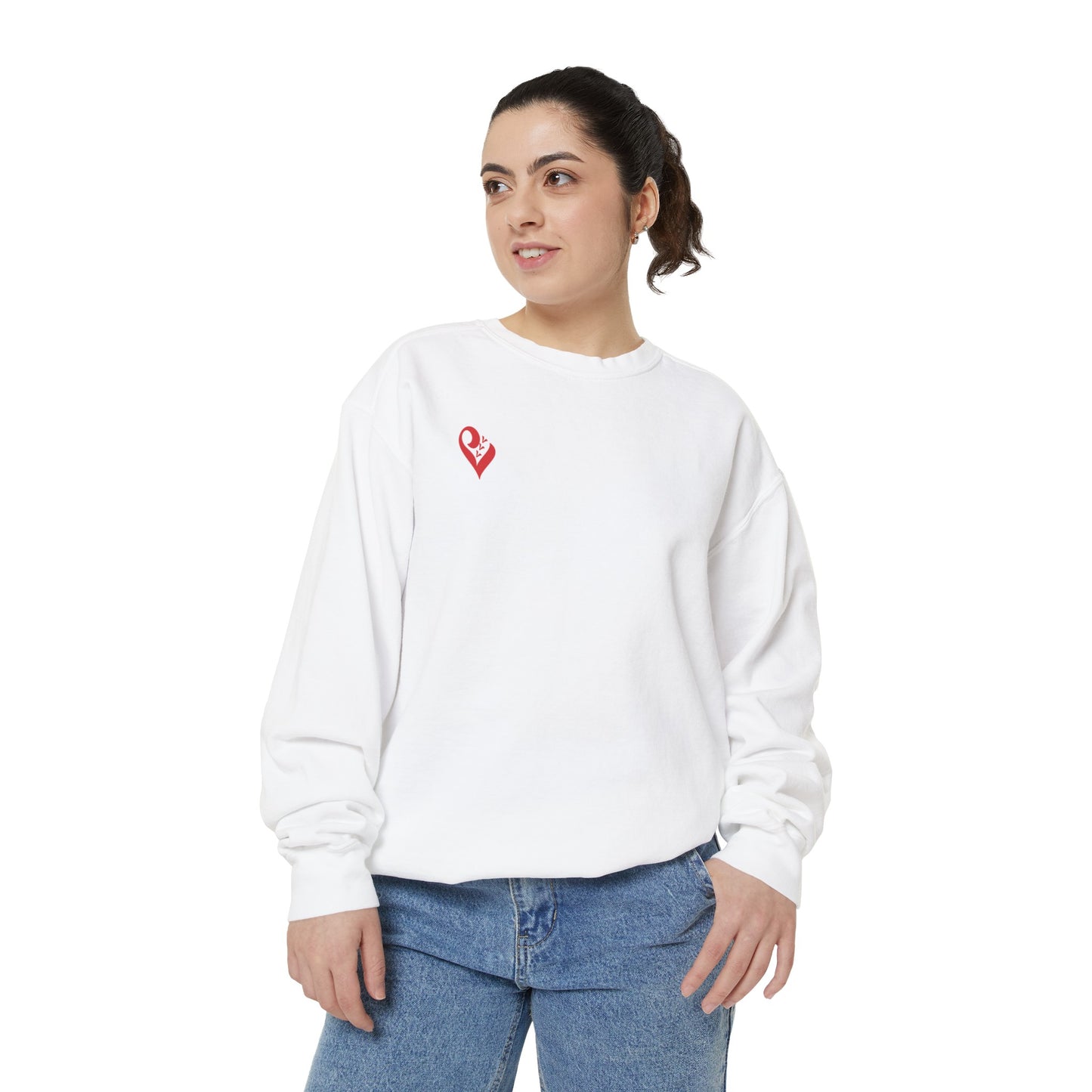 LOVE IS MUCH MORE logo: Pray 4 Love Unisex Garment-Dyed Sweatshirt (White and Butter)